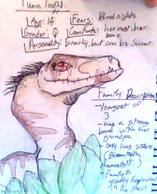 I made an oc (her name is TunaTooth) | image tagged in drawings,dinosaurs,jurassic park | made w/ Imgflip meme maker