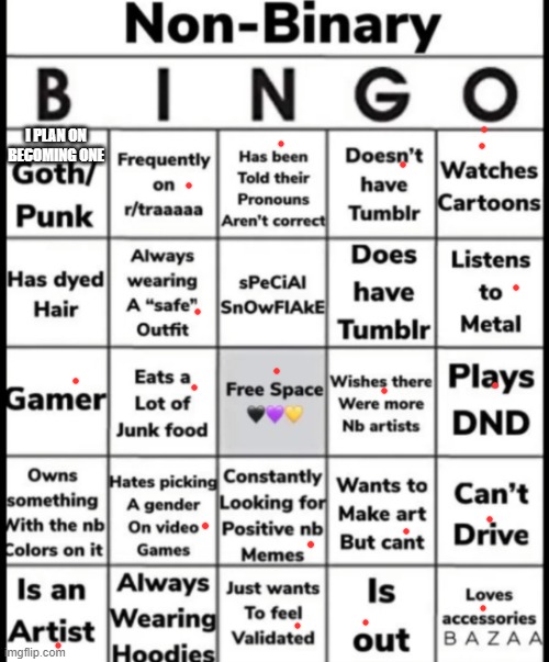 idk. if i made this before, i guess i updated it | I PLAN ON BECOMING ONE | image tagged in non-binary bingo | made w/ Imgflip meme maker