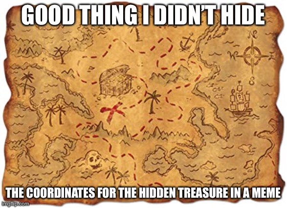 Treasure map | GOOD THING I DIDN’T HIDE THE COORDINATES FOR THE HIDDEN TREASURE IN A MEME | image tagged in treasure map | made w/ Imgflip meme maker