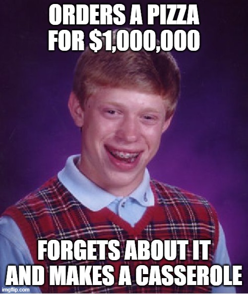 "that's a lot of damage" | ORDERS A PIZZA FOR $1,000,000; FORGETS ABOUT IT AND MAKES A CASSEROLE | image tagged in memes,bad luck brian,pizza,oh wow are you actually reading these tags | made w/ Imgflip meme maker