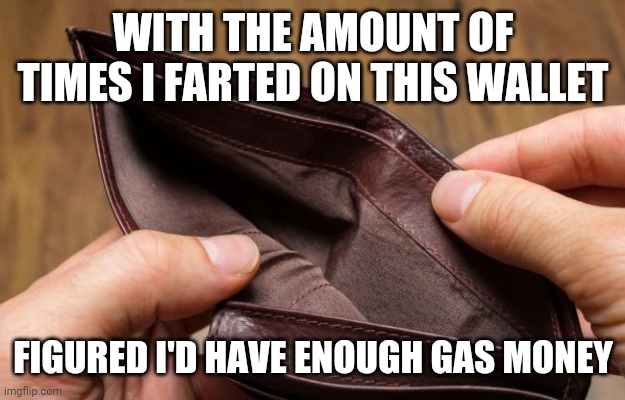empty wallet | WITH THE AMOUNT OF TIMES I FARTED ON THIS WALLET; FIGURED I'D HAVE ENOUGH GAS MONEY | image tagged in empty wallet | made w/ Imgflip meme maker