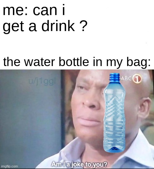 tge fucjkign | me: can i get a drink ? the water bottle in my bag: | image tagged in am i a joke to you | made w/ Imgflip meme maker