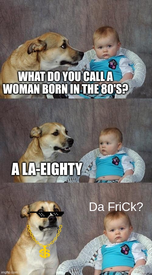 Is this sexist? | WHAT DO YOU CALL A WOMAN BORN IN THE 80'S? A LA-EIGHTY; Da FriCk? | image tagged in memes,dad joke dog | made w/ Imgflip meme maker