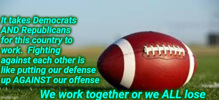 It Takes Two To Win.  It Takes Two To Lose | It takes Democrats AND Republicans for this country to work.  Fighting against each other is like putting our defense up AGAINST our offense; We work together or we ALL lose | image tagged in football,memes,democrats,republicans,independent,trumpublican terrorists | made w/ Imgflip meme maker