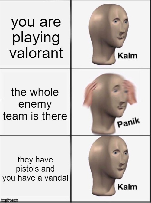 Reverse kalm panik | you are playing valorant; the whole enemy team is there; they have pistols and you have a vandal | image tagged in reverse kalm panik | made w/ Imgflip meme maker