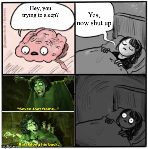 My brain At F*cking 3 AM | Yes, now shut up; Hey, you trying to sleep? | image tagged in brain before sleep,we don't talk about bruno | made w/ Imgflip meme maker