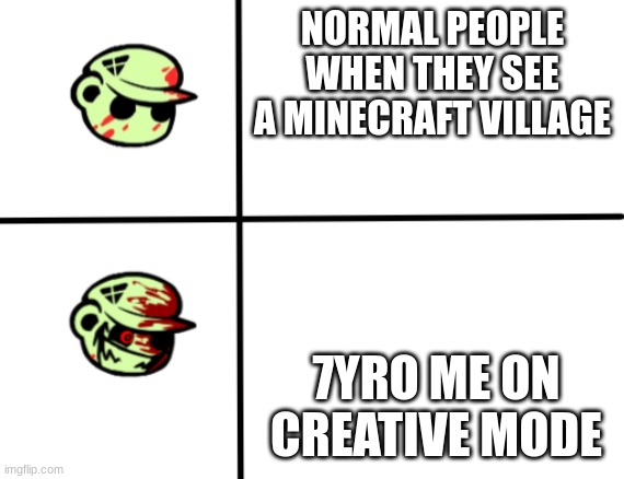 Noww I shall bring Minecraft to dispair | NORMAL PEOPLE WHEN THEY SEE A MINECRAFT VILLAGE; 7YRO ME ON CREATIVE MODE | image tagged in normal fliqpy into happy fliqpy,minecraft,memes,relatable | made w/ Imgflip meme maker