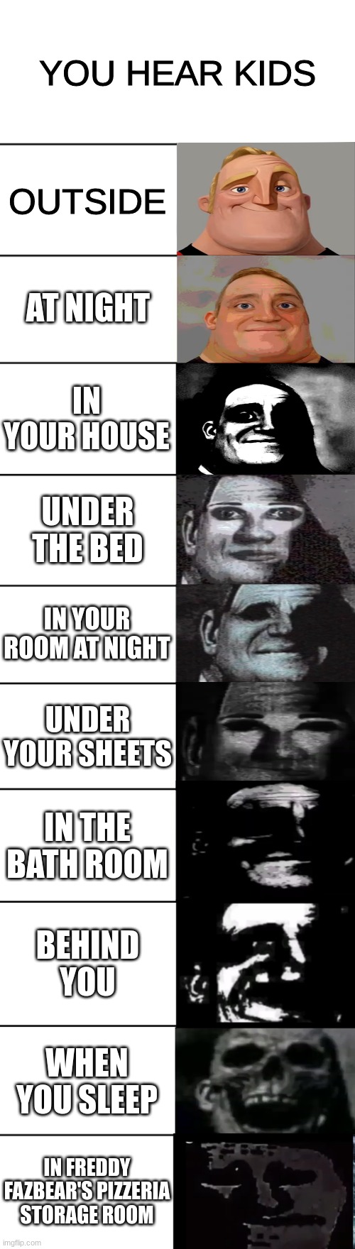 funny title | YOU HEAR KIDS; OUTSIDE; AT NIGHT; IN YOUR HOUSE; UNDER THE BED; IN YOUR ROOM AT NIGHT; UNDER YOUR SHEETS; IN THE BATH ROOM; BEHIND YOU; WHEN YOU SLEEP; IN FREDDY FAZBEAR'S PIZZERIA STORAGE ROOM | image tagged in mr incredible becoming uncanny | made w/ Imgflip meme maker
