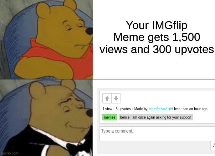 Doesn't This Happen To Everybody | Your IMGflip Meme gets 1,500 views and 300 upvotes | image tagged in memes,tuxedo winnie the pooh | made w/ Imgflip meme maker