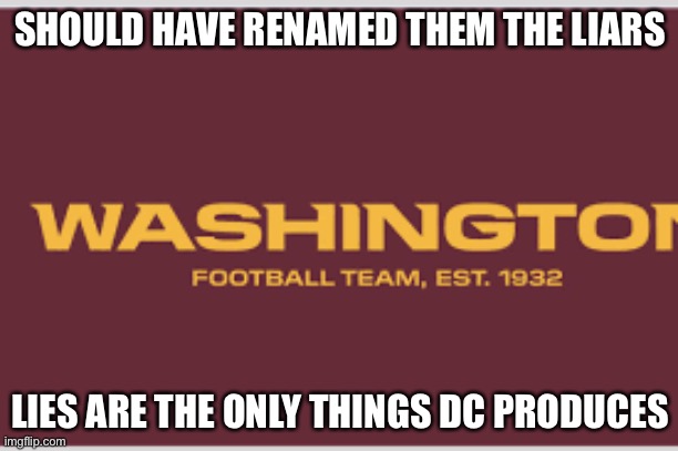 Just sayin | SHOULD HAVE RENAMED THEM THE LIARS; LIES ARE THE ONLY THINGS DC PRODUCES | image tagged in washington football team | made w/ Imgflip meme maker