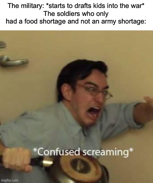 *confused soldier noises* | The military: *starts to drafts kids into the war*
The soldiers who only had a food shortage and not an army shortage: | image tagged in filthy frank confused scream | made w/ Imgflip meme maker