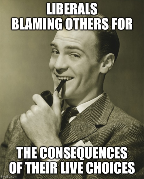 Smug | LIBERALS BLAMING OTHERS FOR THE CONSEQUENCES OF THEIR LIVE CHOICES | image tagged in smug | made w/ Imgflip meme maker