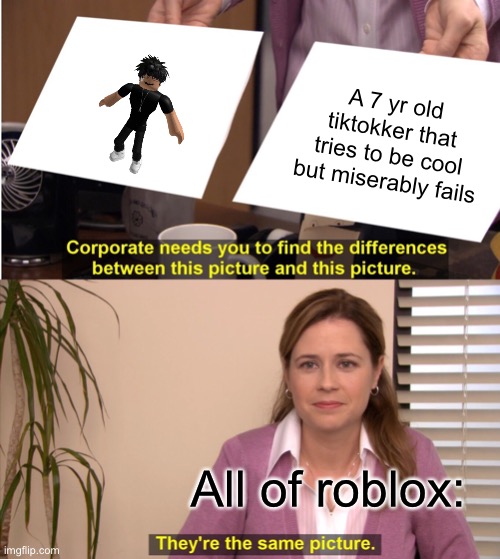 I’ve actually only seen 1-2 nice Slenders in my whole career | A 7 yr old tiktokker that tries to be cool but miserably fails; All of roblox: | image tagged in memes,they're the same picture | made w/ Imgflip meme maker