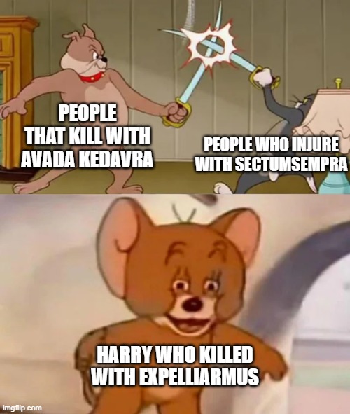 we can't deny that expelliarmus is useful | PEOPLE THAT KILL WITH AVADA KEDAVRA; PEOPLE WHO INJURE WITH SECTUMSEMPRA; HARRY WHO KILLED WITH EXPELLIARMUS | image tagged in tom and spike fighting,harry potter,avada kedavra,sectumsempra,expelliarmus | made w/ Imgflip meme maker