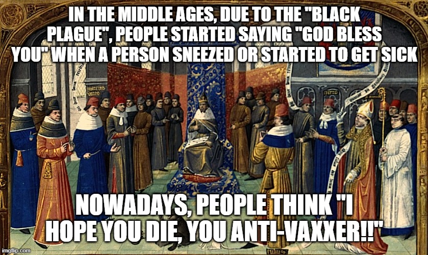 Middle Ages | IN THE MIDDLE AGES, DUE TO THE "BLACK PLAGUE", PEOPLE STARTED SAYING "GOD BLESS YOU" WHEN A PERSON SNEEZED OR STARTED TO GET SICK; NOWADAYS, PEOPLE THINK "I HOPE YOU DIE, YOU ANTI-VAXXER!!" | image tagged in middle ages | made w/ Imgflip meme maker