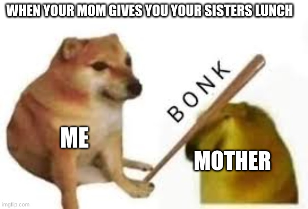 MOM | WHEN YOUR MOM GIVES YOU YOUR SISTERS LUNCH; ME; MOTHER | image tagged in me explaining to my mom,doge | made w/ Imgflip meme maker