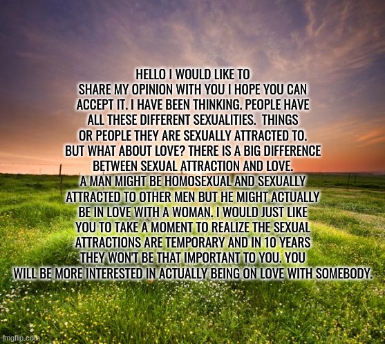 landscapemaymay | HELLO I WOULD LIKE TO SHARE MY OPINION WITH YOU I HOPE YOU CAN ACCEPT IT. I HAVE BEEN THINKING. PEOPLE HAVE ALL THESE DIFFERENT SEXUALITIES.  THINGS OR PEOPLE THEY ARE SEXUALLY ATTRACTED TO. BUT WHAT ABOUT LOVE? THERE IS A BIG DIFFERENCE BETWEEN SEXUAL ATTRACTION AND LOVE. A MAN MIGHT BE HOMOSEXUAL AND SEXUALLY ATTRACTED TO OTHER MEN BUT HE MIGHT ACTUALLY BE IN LOVE WITH A WOMAN. I WOULD JUST LIKE YOU TO TAKE A MOMENT TO REALIZE THE SEXUAL ATTRACTIONS ARE TEMPORARY AND IN 10 YEARS THEY WON'T BE THAT IMPORTANT TO YOU. YOU WILL BE MORE INTERESTED IN ACTUALLY BEING ON LOVE WITH SOMEBODY. | image tagged in landscapemaymay | made w/ Imgflip meme maker