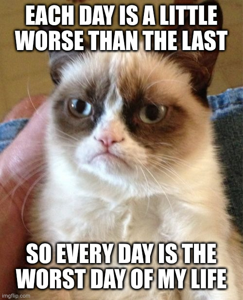 #blessed | EACH DAY IS A LITTLE
WORSE THAN THE LAST; SO EVERY DAY IS THE
WORST DAY OF MY LIFE | image tagged in memes,grumpy cat | made w/ Imgflip meme maker