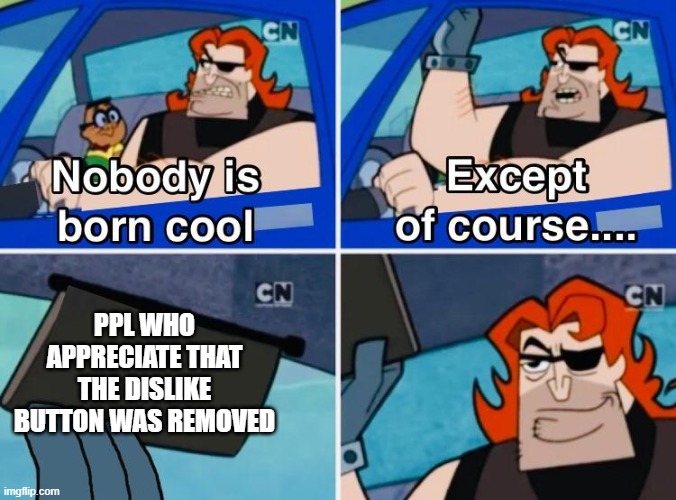 nobody is born cool except | PPL WHO APPRECIATE THAT THE DISLIKE BUTTON WAS REMOVED | image tagged in noboy is born cool | made w/ Imgflip meme maker