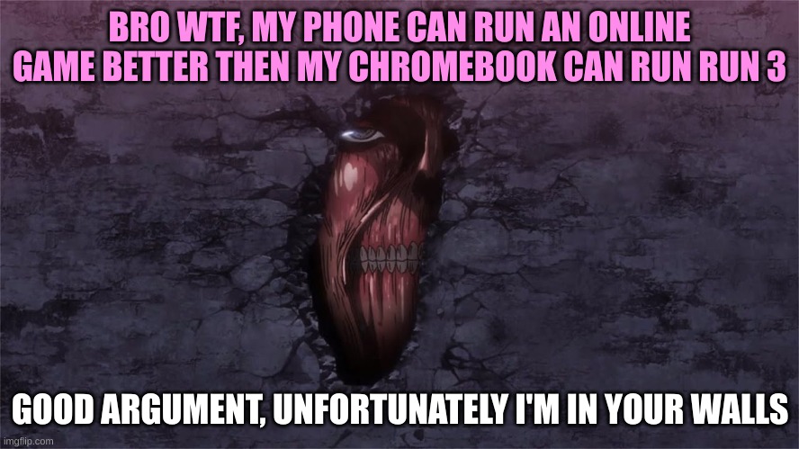 Good argument, unfortunately I'm in your walls | BRO WTF, MY PHONE CAN RUN AN ONLINE GAME BETTER THEN MY CHROMEBOOK CAN RUN RUN 3 | image tagged in good argument unfortunately i'm in your walls | made w/ Imgflip meme maker