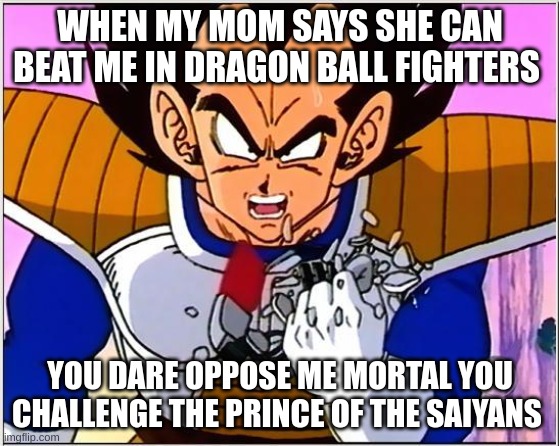 Vegeta over 9000 | WHEN MY MOM SAYS SHE CAN BEAT ME IN DRAGON BALL FIGHTERS; YOU DARE OPPOSE ME MORTAL YOU CHALLENGE THE PRINCE OF THE SAIYANS | image tagged in vegeta over 9000 | made w/ Imgflip meme maker