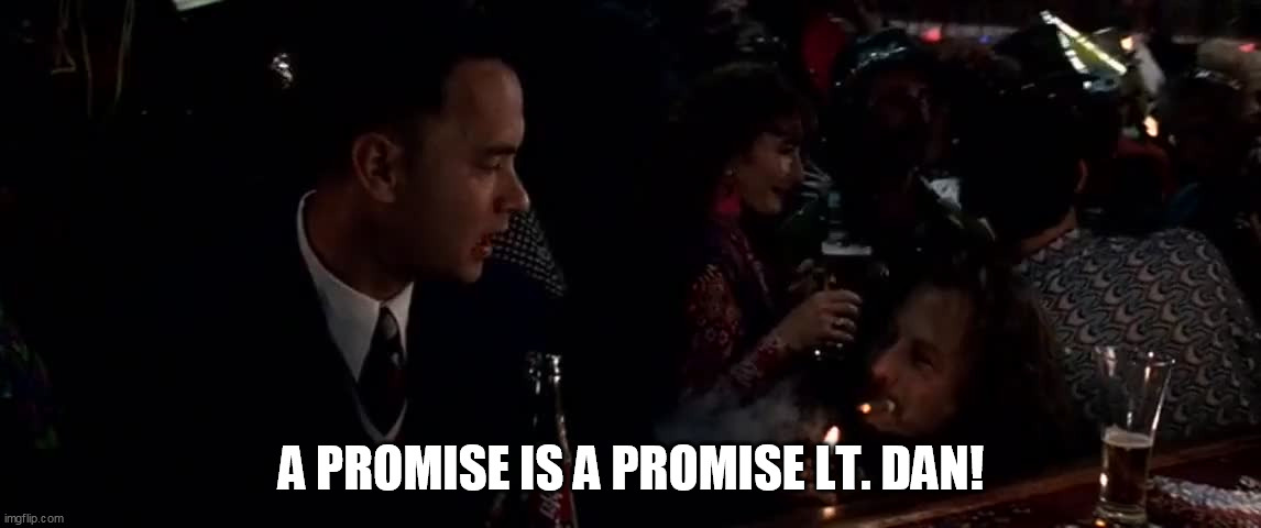 Forrest Gump Promise | A PROMISE IS A PROMISE LT. DAN! | image tagged in gump | made w/ Imgflip meme maker