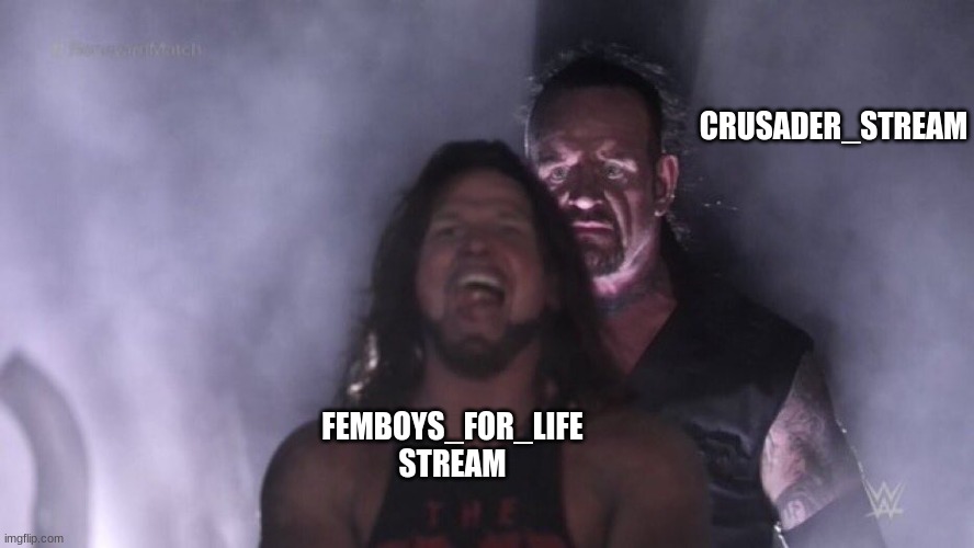 AJ Styles & Undertaker | CRUSADER_STREAM; FEMBOYS_FOR_LIFE STREAM | image tagged in aj styles undertaker | made w/ Imgflip meme maker