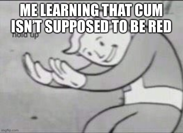 Fallout Hold Up | ME LEARNING THAT CUM ISN’T SUPPOSED TO BE RED | image tagged in fallout hold up | made w/ Imgflip meme maker