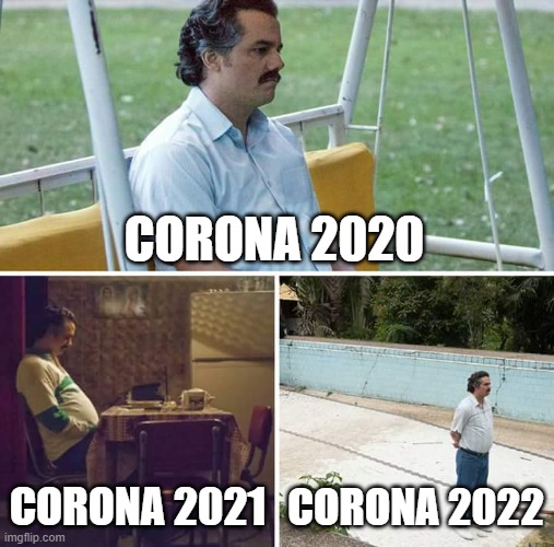 Stoopid Crona | CORONA 2020; CORONA 2021; CORONA 2022 | image tagged in memes,sad pablo escobar | made w/ Imgflip meme maker