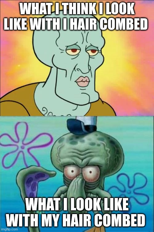 Squidward | WHAT I THINK I LOOK LIKE WITH I HAIR COMBED; WHAT I LOOK LIKE WITH MY HAIR COMBED | image tagged in memes,squidward | made w/ Imgflip meme maker