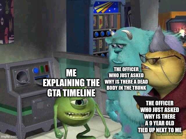 it's all I got | THE OFFICER WHO JUST ASKED WHY IS THERE A DEAD BODY IN THE TRUNK; ME EXPLAINING THE GTA TIMELINE; THE OFFICER WHO JUST ASKED WHY IS THERE A 9 YEAR OLD TIED UP NEXT TO ME | image tagged in mike wazowski trying to explain | made w/ Imgflip meme maker