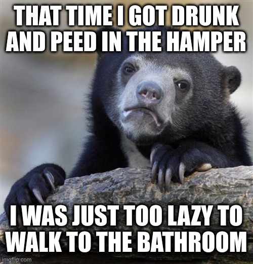 And that one time I molested your sister in my sleep I was really asleep. Honest! What? How can I remember it then? Oh bother... | THAT TIME I GOT DRUNK AND PEED IN THE HAMPER; I WAS JUST TOO LAZY TO
WALK TO THE BATHROOM | image tagged in memes,confession bear | made w/ Imgflip meme maker