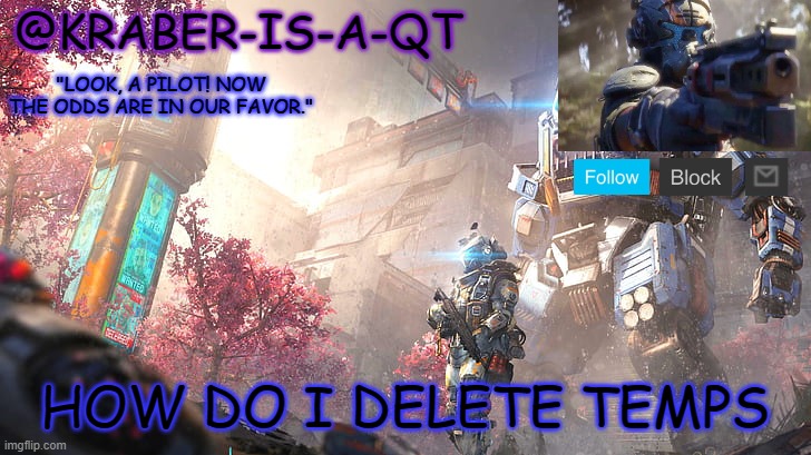 Kraber-is-a-qt | HOW DO I DELETE TEMPS | image tagged in kraber-is-a-qt | made w/ Imgflip meme maker