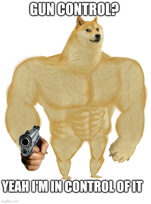 Swole Doge | GUN CONTROL? YEAH I'M IN CONTROL OF IT | image tagged in swole doge | made w/ Imgflip meme maker