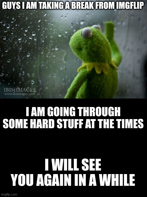 im taking a break | GUYS I AM TAKING A BREAK FROM IMGFLIP; I AM GOING THROUGH SOME HARD STUFF AT THE TIMES; I WILL SEE YOU AGAIN IN A WHILE | image tagged in kermit window,sad | made w/ Imgflip meme maker