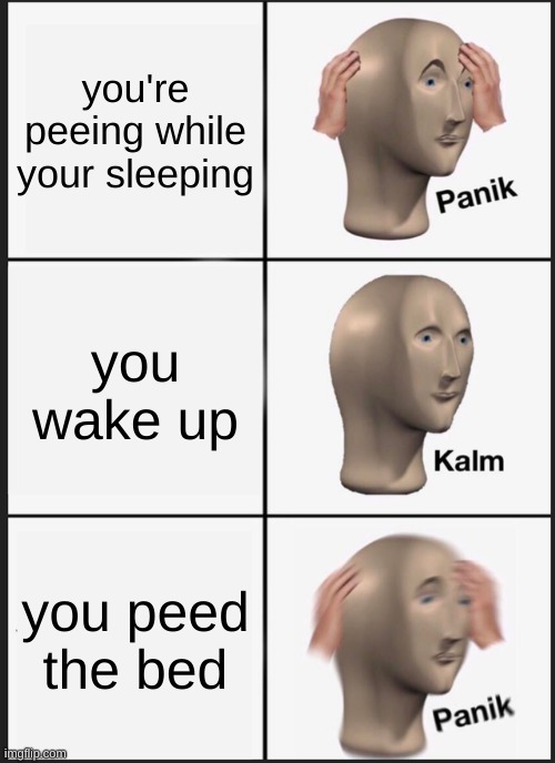 Panik Kalm Panik | you're peeing while your sleeping; you wake up; you peed the bed | image tagged in memes,panik kalm panik | made w/ Imgflip meme maker