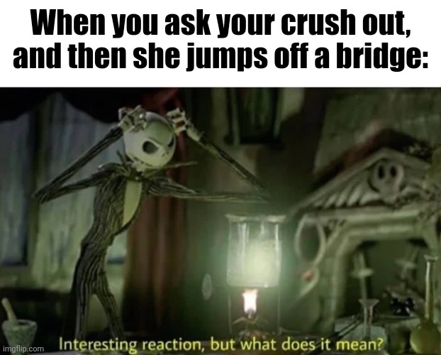 Interesting reaction but what does it mean | When you ask your crush out, and then she jumps off a bridge: | image tagged in interesting reaction but what does it mean | made w/ Imgflip meme maker