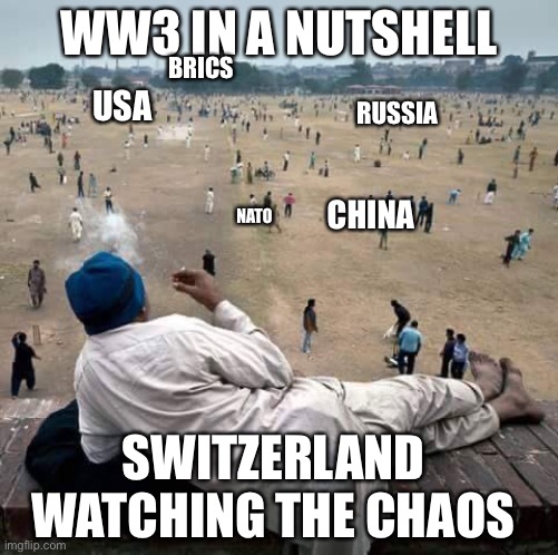 others are doing things while you're watching them | WW3 IN A NUTSHELL; BRICS; USA; RUSSIA; CHINA; NATO; SWITZERLAND WATCHING THE CHAOS | image tagged in others are doing things while you're watching them | made w/ Imgflip meme maker