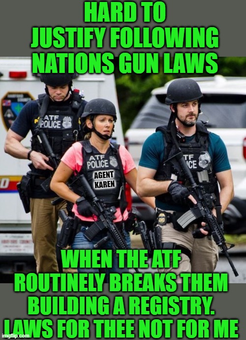yep | HARD TO JUSTIFY FOLLOWING NATIONS GUN LAWS; AGENT KAREN; WHEN THE ATF ROUTINELY BREAKS THEM BUILDING A REGISTRY. LAWS FOR THEE NOT FOR ME | image tagged in atf karen | made w/ Imgflip meme maker