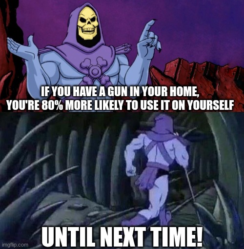 he man skeleton advices | IF YOU HAVE A GUN IN YOUR HOME, YOU'RE 80% MORE LIKELY TO USE IT ON YOURSELF; UNTIL NEXT TIME! | image tagged in he man skeleton advices | made w/ Imgflip meme maker