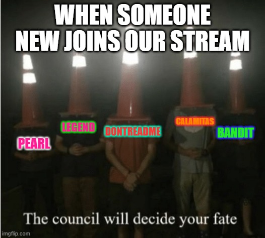 All of these ppl should be mods and no one else since we are the OG | WHEN SOMEONE NEW JOINS OUR STREAM; CALAMITAS; DONTREADME; LEGEND; BANDIT; PEARL | image tagged in the council will decide your fate | made w/ Imgflip meme maker