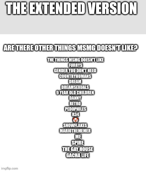 THE EXTENDED VERSION; ME
SPIRE 
THE GAY HOUSE 
GACHA LIFE | made w/ Imgflip meme maker