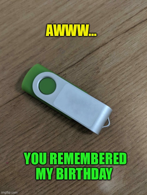 Lost USB Drive | AWWW… YOU REMEMBERED MY BIRTHDAY | image tagged in lost usb drive | made w/ Imgflip meme maker
