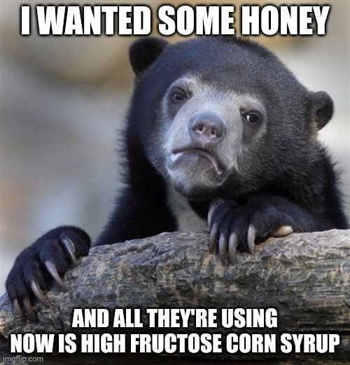 Confession Bear | I WANTED SOME HONEY; AND ALL THEY'RE USING NOW IS HIGH FRUCTOSE CORN SYRUP | image tagged in memes,confession bear | made w/ Imgflip meme maker