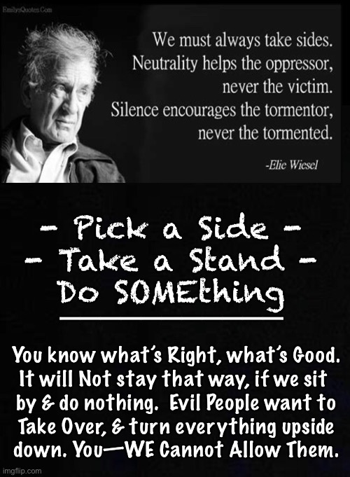 Somebody should do something.  But Who? | - Pick a Side -
- Take a Stand -
Do SOMEthing; ———————————; You know what’s Right, what’s Good.
It will Not stay that way, if we sit 
by & do nothing.  Evil People want to
Take Over, & turn everything upside
down. You—WE Cannot Allow Them. | image tagged in memes,own it,own yourself,if you dont they will,your way is better for you | made w/ Imgflip meme maker