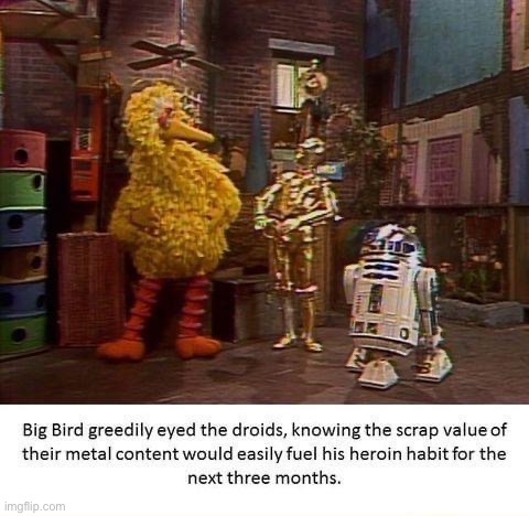 Big bird greedily eyed the droids | image tagged in big bird greedily eyed the droids | made w/ Imgflip meme maker