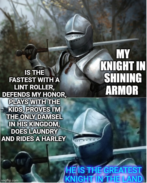 He's All Mine | IS THE FASTEST WITH A LINT ROLLER, DEFENDS MY HONOR, PLAYS WITH THE KIDS, PROVES I'M THE ONLY DAMSEL IN HIS KINGDOM, DOES LAUNDRY AND RIDES A HARLEY; MY KNIGHT IN SHINING ARMOR; HE IS THE GREATEST KNIGHT IN THE LAND | image tagged in knight with arrow in helmet,memes,my knight,superhero,super hero,husband | made w/ Imgflip meme maker
