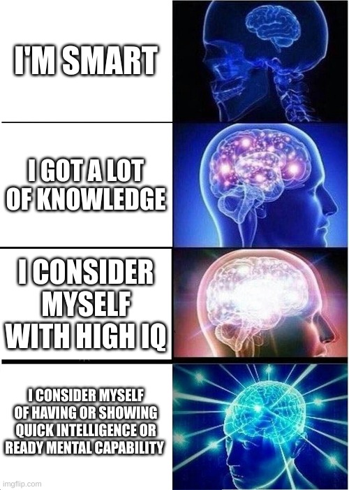 Expanding Brain | I'M SMART; I GOT A LOT OF KNOWLEDGE; I CONSIDER MYSELF WITH HIGH IQ; I CONSIDER MYSELF OF HAVING OR SHOWING QUICK INTELLIGENCE OR READY MENTAL CAPABILITY | image tagged in memes,expanding brain | made w/ Imgflip meme maker