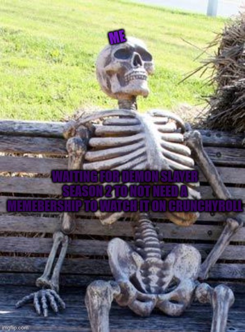 True | ME; WAITING FOR DEMON SLAYER SEASON 2 TO NOT NEED A MEMEBERSHIP TO WATCH IT ON CRUNCHYROLL | image tagged in memes,waiting skeleton | made w/ Imgflip meme maker