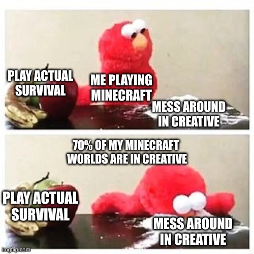 Me playing minecraft | PLAY ACTUAL SURVIVAL; ME PLAYING MINECRAFT; MESS AROUND IN CREATIVE; 70% OF MY MINECRAFT
 WORLDS ARE IN CREATIVE; PLAY ACTUAL SURVIVAL; MESS AROUND IN CREATIVE | image tagged in elmo cocaine | made w/ Imgflip meme maker